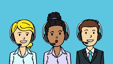 Video animation of customer support team with talking women in middle. 4k animation in doodle style.の動画素材