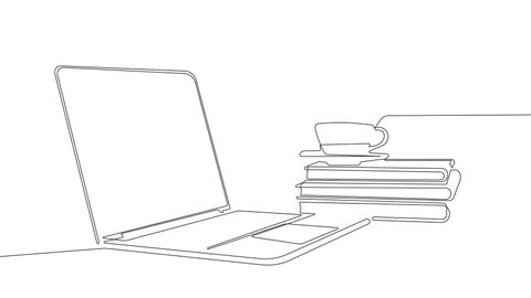 Стоковое видео: Self drawing continuous line animation of a desktop with modern devices and office stationery. Workspace. Home workplace. Phone and laptop on table decorated with room flower, statuette.