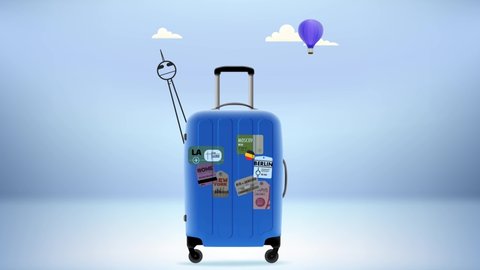 Baggage with world sights silhouettes. 3d video
: stockvideo