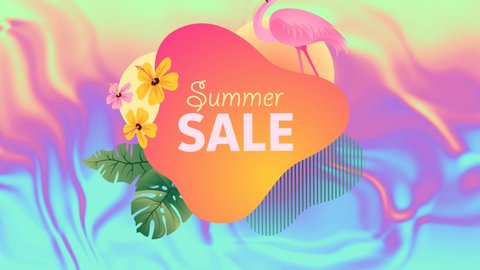 Animation of summer sale text and flowers over shapes. Abstract background and digital interface concept digitally generated video. 库存视频