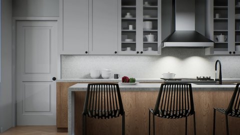 Modern large kitchen. Kitchen with large island. 3D animation of the kitchen. 3D Illustrationの動画素材