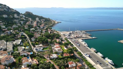 Aerial images of the city of Roses on the Costa Brava in Girona Mediterranean beach region of Alto Ampurdán Panoramic sea view luxury developmentsの動画素材