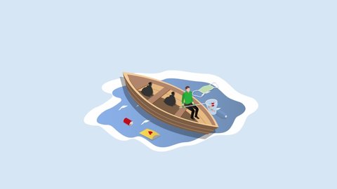 Young man animation collecting waste on the sea while sitting on the boat. Cartoon in 4k resolution Video stock
