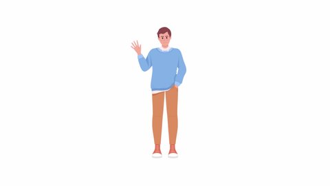 Animated greeting man character. Student waving hand. Full body flat person on white background with alpha channel transparency. Colorful cartoon style HD video footage for animation 库存视频