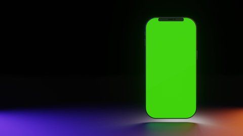 3D rendering mobile phone, smartphone with cameras, presentation of new phone, color lighting, low key, darkness. Luxury phone rotates and moves, green screen, empty copy space for text. Vídeo Stock