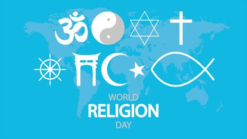 World Religion Day religious symbols on world map, art video illustration. Stock Video