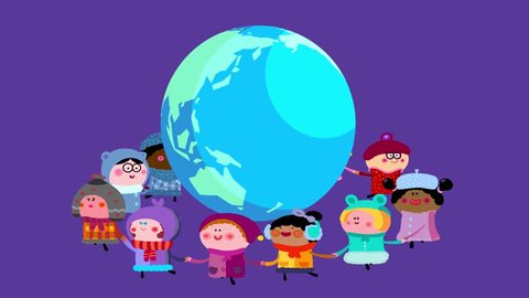 Children in winter clothes dancing around rotating earth isolated version. They are holding their hands. Happy cartoon animation with many kids characters. Seamless loop. स्टॉक व्हिडिओ