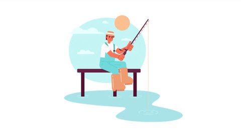 Fishing in morning animation. Animated fisherman with spinning 2D cartoon flat character. Summertime. Fishing season 4K video concept footage on white with alpha channel transparency for web design Video stock