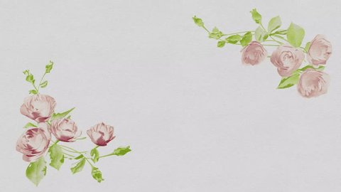 Rose flowers painted in watercolor framing in the corners, floating on a recycled brown paper Stock Video