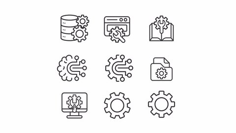 Animated configuration tool icons. Software engineering line animation. Setting cogwheel. IT company. System control. Loop HD video with alpha channel, transparent background. Outline motion graphic Stock-video