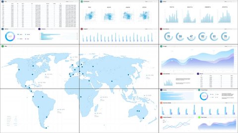 Light Monitoring Software Mockup With World Map Updating In Real Time And Graphs And Charts With Analytical Data. Computer Program For Logistics And Distribution Template For Desktop or Laptop Screens Stock Video