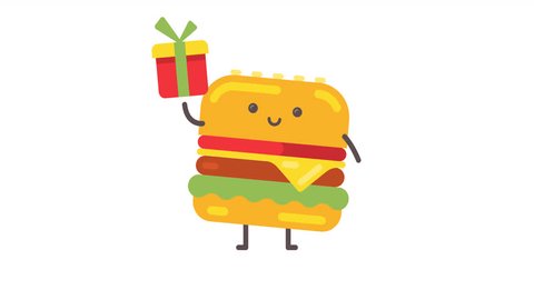 Hamburger character holding gift box and winks. Alpha channel. Looped animation Stock-video