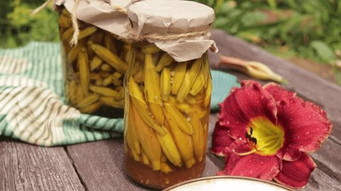 pickled daylily flowers  on a wooden surface in the garden on a summer day, videoclip de stoc