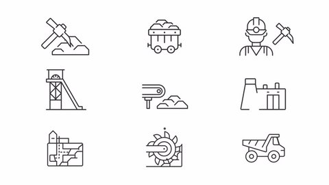 Mining industry icons animation. Animated line coal power station. Fuel production. Coal energy. Underground work. Loop HD video with alpha channel, transparent background. Outline motion graphic Stock-video