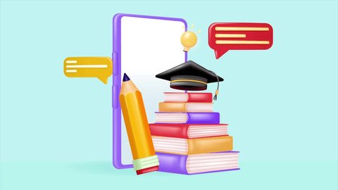 Online learning class on mobile phone, with 3d vector element animation of pile of books and pencils coming out of smartphone, text balloons, lamp and graduation hat. Perfect for online schools 库存视频