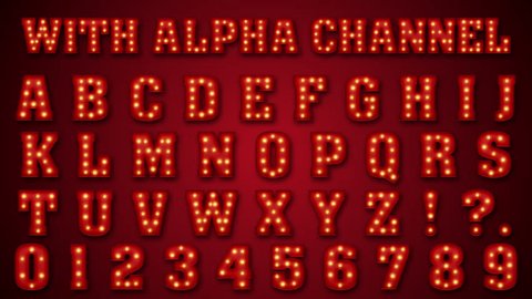 Looped broadway style retro light bulb font. Vintage alphabet letters and numbers. Isolated with alpha channel. Circus show signboard or casino gambling title or logo. Night club event promo. ProRes Arkivvideo