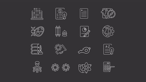 School subjects white animated icons. Educational institution line animation library. College education. Student life. Isolated illustrations on dark background. Transition alpha. HD video. Icon packの動画素材