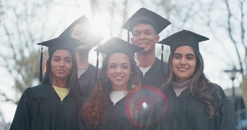 University graduation, students and face of group smile for success, achievement or college award. Portrait, happy graduates and diversity friends in celebration of academic pride, education or event Adlı Stok Video