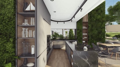 4K rendering of expensive cozy interior with green walls with living dining zone stair and kitchen for sale or rent. Spacious apartments with expensive furniture, equipment and flowers : vidéo de stock