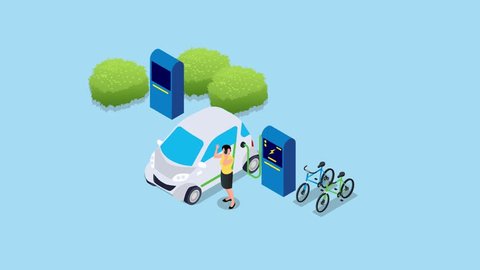 Electric car charging outside at refuel power station 3d isometric animation cartoon Arkistovideo