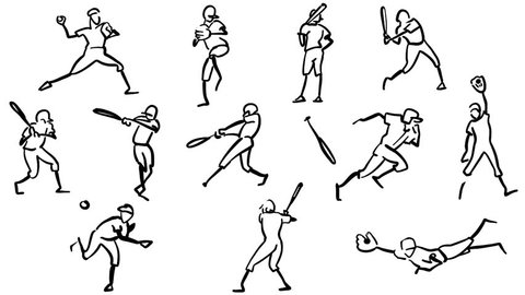 Baseball Player Motion Sketch Animation, hand-drawn Outline Sequence. 5 seconds buildup and 5 seconds teardown Motion Design Video stock