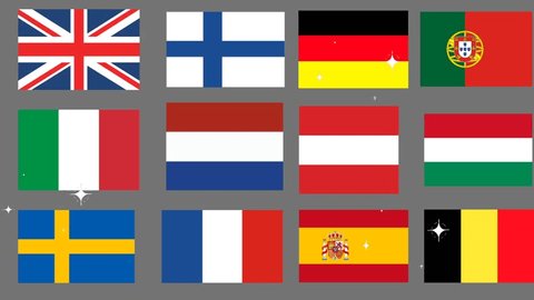 on a gray background, 12 flags of European countries France Italy Spain Germany Sweden England Portugal and others.countries. capital. Illustration.eu Stockvideo