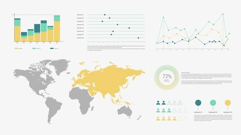 Animated futuristic pie graphs, charts, maps, user screen dashboard or interface with graphs, lines, surfaces, motional and colorful diagrams, animated dashboard, social and information technologies Stock Video