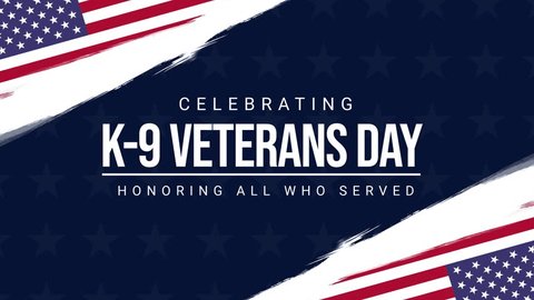Celebrating K-9 Veterans Day on March 13. Honoring all who served. Veterans celebration animation for United States with American flag in brush strokes Stock video