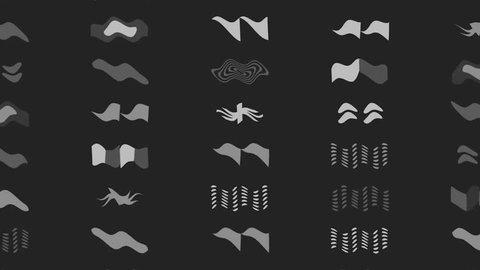 Black background with 30 grayscale images of abstract shapes. Stock-video