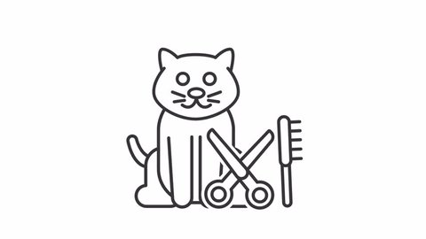 Cat grooming line animation. Animated kitten and grooming tools icon. Pet service. Hygiene and haircut. Animal care. Black illustration on white background. HD video with alpha channel. Motion graphic Video de stock