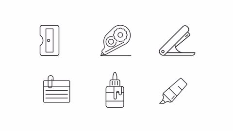 Animated office supplies icons. Study tools line animation library. Document fastener, text marker. Black illustrations on white background. HD video with alpha channel. Motion graphic Stock Video