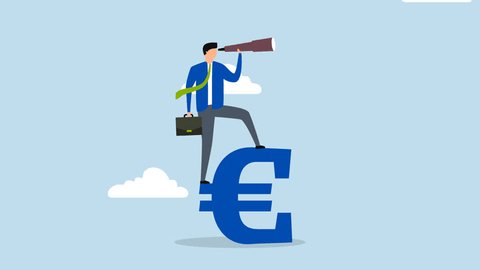 Europe financial visionary, 4k animation of investor stands on a euro currency sign with a telescope to see the future of the market. 庫存影片