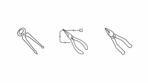 Animated pliers types icons. Gripping tools line animation library. Workshop equipment. Jewelry making. Black illustrations on white background. HD video with alpha channel. Motion graphic 스톡 비디오