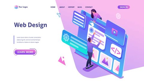 Isometric concept young people are engaged in web design, website page development. Template landing page for website Adlı Stok Video