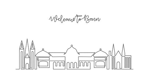 Стоковое видео: Animated self drawing of Bonn skyline video illustration. Modern city in Europe in simple linear style video design concept. One of big city in Germany. Iconic architectural building design video.
