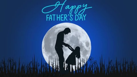 The animated video shows a silhouette of a father and child against a full moon with “Happy Father’s Day” text, set against a night sky gradient with grass silhouettes.: stockvideo