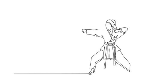 Animated self drawing of continuous line draw confident karateka woman in kimono practicing karate punch combat at dojo gym center. Mastering martial art sport. Full length single line animation स्टॉक व्हिडिओ