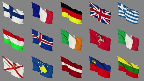 Flags of Europe (Part 2 of 4), Seamless Loop with Matte Channel. Video Stok