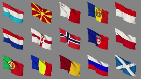 Flags of Europe (Part 3 of 4), Seamless Loop with Matte Channel. Video Stok