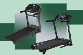 Two treadmills arranged on a green background