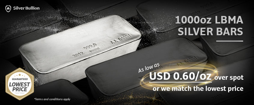 1000 oz LBMA Silver Bars at only 0.80 USD / oz over spot