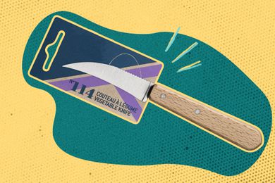 French knife with a blue and yellow illustrated background