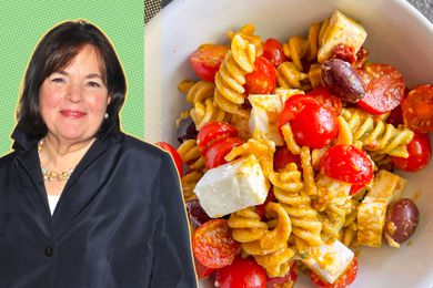 Ina Garten cut out over a green color-block next to a photo of her pasta salad