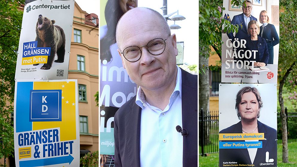 Tredelad bild. Affischer från C och KD, i mitten en bild på SVT:s inrikespolitiska kommentator Mats Knutson och till höger Socialdemokraternas samt Liberalernas affischer.