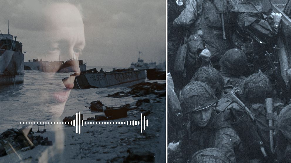 Till vänster en bild på en man som pratar och i bakgrunden skepp från andra världskriget. Till höger soldater som är på väg i land i Normandie