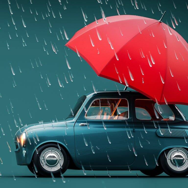 Ein Auto fährt mit Regenschirm am Fenster durch den Regen, ein Symbolbild für: Eine Frau aus Heidelberg hat an ihrem Auto ein Fenster offen gelassen, aber den plötzlichen Regen nicht eingeplant. Ein unbekannter Held half mit Regenschirm aus und steckte ihn in das Autofenster. 