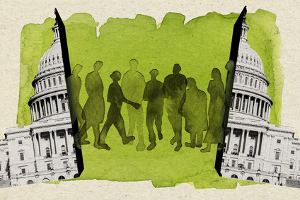 A photo illustration shows the U.S. Capitol building cut in half opening up to reveal watercolor silhouettes of people walking within it.