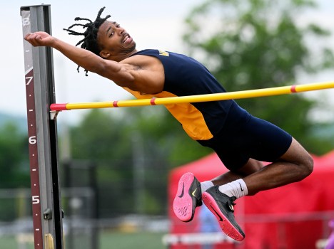 Muhlenberg's Kyle Archie, shown here at the Berks Firing Meet earlier this month, won the state title Saturday in the Class 3A boys high jump, clearing 6-8.    (BILL UHRICH - READING EAGLE)