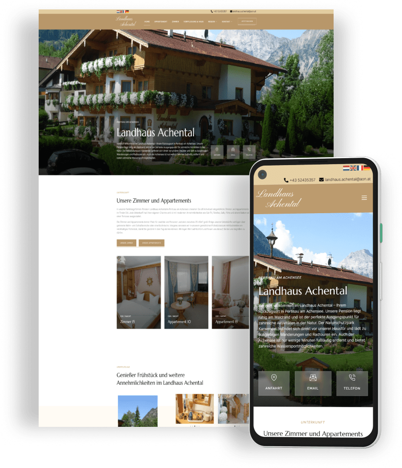 Responsive Webdesign für Landhaus Achental mit Ansicht auf Smartphone und Laptop, Referenz von Web and Films Tirol