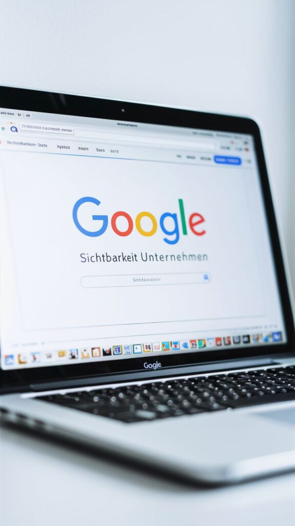 Laptop-Bildschirm zeigt Google-Suchseite mit Fokus auf das Wort "Sichtbarkeit Unternehmen"